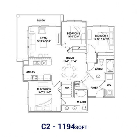 Floor plan for 3 beds, 2 baths, 1194 sqft